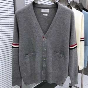 Mens Sweater Thombrowns Knitwear Tb Autumn Cardigan Knitted Vneck Sweater Mens Wool Trendy Brand Versatile Youth Casual Coat