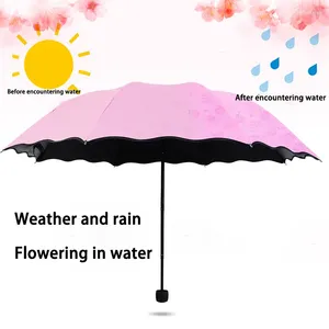 Guarda-chuvas senhoras guarda-chuva portátil à prova de vento 3-dobrável flores em mudanças de água cor anti-uv sol/chuva academia