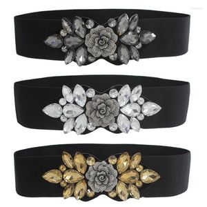 Gürtel Rose Blume Strass Elastischer Bund Frauen Taille Cinch Band Kleid Mantel Kleidung Schwarz Korsett