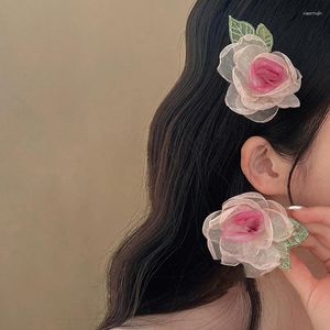Hårtillbehör DIY Huvudbonad för brudbröllop Mesh Pink Rose Flower Hairpin Party