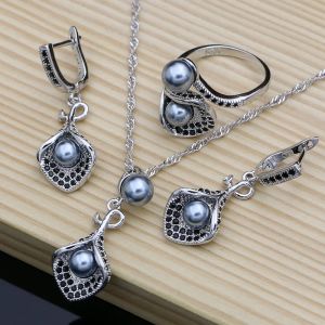 Halsketten Hornblume Silber 925 Brautschmuck Sets schwarzer Perle Zirkon für Frauen Hochzeit Anhänger Tropfen Ohrringe Offene Ringe Halskette Set