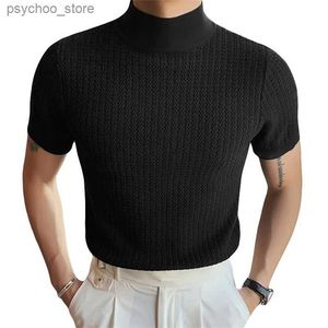 Herr t-shirts yileegoo Men s High Neck Knit Topps Casual Going Out Short Sleeve Slim Fit Ribbed T-shirts Streetwear Q240130