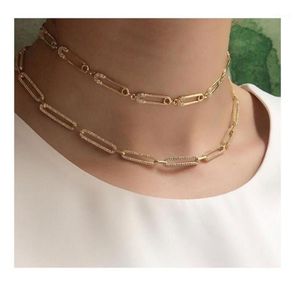 2021 christmas gift unique women jewelry Gold filled micro pave cz safety pin link chain choker necklace 32 10cm sexy layer1288Y