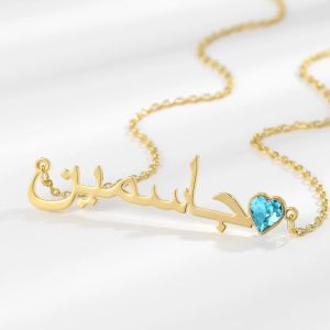 Halsketten Personalisierte arabische Halskette Schriftart Edelstahl Namensschild Geburtsstein Anhänger für Frauen Geburtstag Schmuck Geschenke