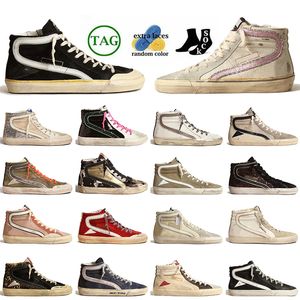 Toppkvalitet Handgjorda Mid Ball Star Trainers Italy Brand Slide Upper Silver Gold Vintage Glitter Luxury Calfskin Flash Designer Shoes Flat Platform Sneakers