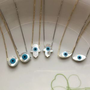 Necklaces Marquis /Blue Round/ Fish/Hamsa Blue Cat Eye MOP Shell With 925 Sterling Silver Jewelry Pendan Chain Chocker Charms Necklace