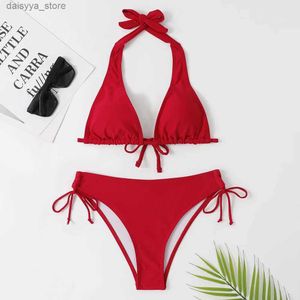 Bikinis Set 2024 Sexy Halter Bikini Badeanzug Niedrige Taille Schwarz/Rot/Rose Strand Badeanzug Günstige Bandage Brasilianische Badebekleidung Zwei Stücke Verkauf