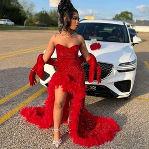 Sparkly Red Mermaid Prom Dresses For Black Girl 2024 Sweetheart Sexy Front Split With Wrap Vestidos De Fiesta Evening Ocn Gowns