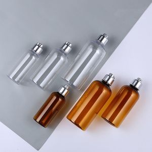 Contenitori per bottiglie di plastica con coperchi in argento opaco da 100 m 200 ml 300 ml per cosmetici Tappo in PP Bottiglie dispenser in PET Ambra trasparente Upmwb