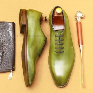 Quality Mens Oxford Dress Genuine Leather Green Yellow Handmade Square Head Business Shoes Wedding Formal Shoe for Men