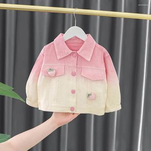 Jackets Gradient Denim Coat For Girls Strawberry Appliques Lapel Collar One Breasted Kids Jean Jacket Sequined Pattern Outerwears