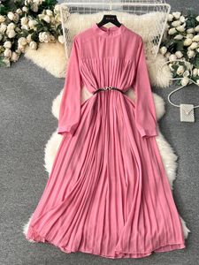 Casual Dresses Spring French Dress Women Standing Collar Heavy Work Pleated Chiffon Solid Color Long Holiday