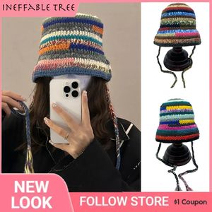 Y2K japanische handgemachte häkeln farbig gestreift gestrickte Schnür-Eimerhüte für Frauen kontrastierende Farben Winter-Beckenhut Gorras 240125