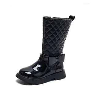 Boots Girls Black Glossy 2024 Sidan blixtlåsbarn Hög Bow barn mångsidiga casualskor för catwalk britain stil non-slip