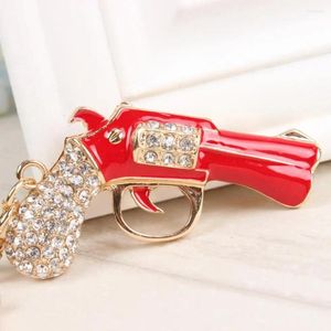 Keychains Red Pistol Gun Handgun Söt charm pendelle Rhinestone Crystal Car Purse Handbag Key Chain Ring Creative Party Birthday Present