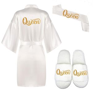 Set 3pc Glitter Gold Queen Shade Bride Satin Robe Women White Kimono Pajamas Party Bridal Party Kimono Wedding Queen Bride szaty 210831231D