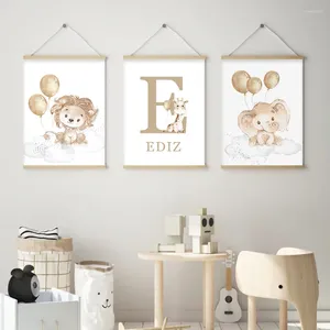 Obrazy Cartoon Custom Baby's Nazwa Lion Elephant Beige Poster Płótno malarstwo Przedszkole Ściana grafika