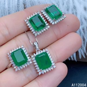 Ringar fina smycken Pure Sier Chinese Style Natural Emerald Women's Classic Rectangle Gem Pendant Ring Earring Set Support