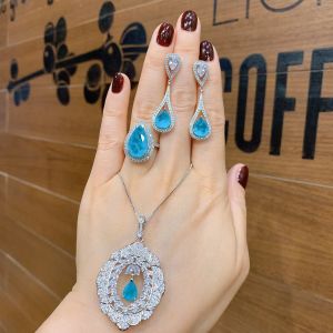 Necklace Fashion 925 Sterling Silver Ring Necklace Earring Set Paraiba Blue Crystal Gift Female Vintage Water Droplets Jewelry Designer