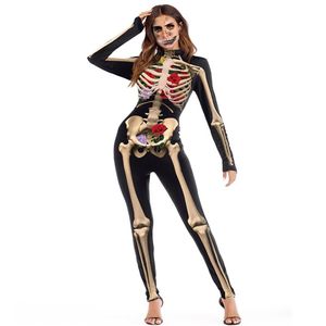 Halloween-Kostüm für Damen, Skelett-Rosendruck, gruseliges Kostüm, schwarz, dünner Overall, Body, Halloween-Cosplay-Anzug für Frauen, sexy, Co2531