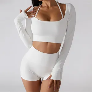 Active Sets 2 Piece Yoga Short Women White Long Sleeve Padded Push Up Crop High Waist Fitness Gym Set Sportswear Slim Workout Clothes