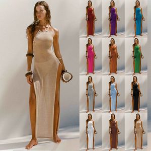 2024 Spring New Hot Double-Sided High Slit Suspender Vacker Back Knit Dress Beach Resort Style