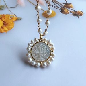 Halsband marknadsföring! 31 mm naturligt sötvatten pärla San Benito Cross Mother Pearl Necklace Benito Mother Pearl Necklace for Women Gift