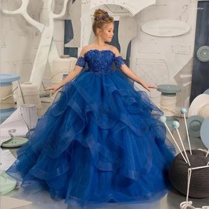 Kız Elbise Çiçek Elbise Kraliyet Mavi Tül Kabarık Katmanlı Aplikler Düğün Doğum Günü Partisi Ziyafet Prenses Gowns için Kısa Kollu