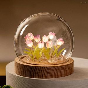 Luzes noturnas tulipa flor luz com tampa de vidro artesanal diy cabeceira led lâmpada mesa quarto decoração usb humor