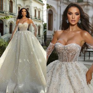 Abiti da spalla senza spalline in perline di cristallo di nozze con paillettes principessa sequestri senza maniche illusione sposa abiti personalizzati realizzati personalizzati