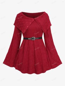 Women's Sweaters ROSEGAL Plus Size Deep Red Buttons Split Turn Down Collar Textured Floral Buckle Belt Bell Sleeve Cable Knit Sweater 4X