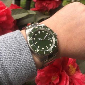 손목 시계 40mm 로고 없음 사파이어 유리 녹색 세라믹 베젤 및 다이얼 자동 자체 와이드 움직임 Luminous Men 's Watch