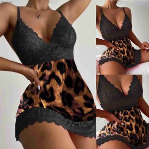 Other Panties Womens Pajamas Sexy Lace Sleepwear Leopard Printed Nightdress V-Neck Spaghetti Straps Night Wear Lingerie Nightgown Lenceria YQ240130