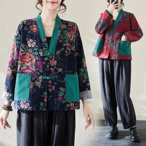 Ethnische Kleidung 2024 Traditionelle chinesische Vintage-Bluse Baumwolle Leinen V-Ausschnitt Hanfu Tops Retro Tang-Anzug National Flower Print Folk