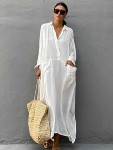 Basic Casual Dresses Swimming suit overlay white Maxi beach dress Kaftan kimono elegant pocket loose summer tone beach suit J240130