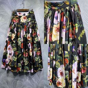 Rose Garden Ink Pattern Skirt Long Large Hem Waist Pleated Umbrella 2024 New Style S-XL Women's S-XL FZ0088