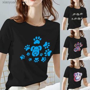 女性のTシャツ女性TシャツブラッククラシックオールマッチレディーストップOネックファッション犬の足跡パターンシリーズ半袖ティーレディース衣類240130