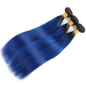 Ombre 1b/azul brasileiro reto humano remy cabelo virgem tece 100g/pacote tramas duplas 3 pacotes/lote