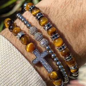 Bracelets New Luxury CZ Pave Cross Charm Natural Stone Tiger Eye Beaded Macrame Friendship Adjustable Bracelet Set Men