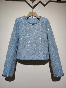 여자 T 셔츠 2024 여성 패션 긴 슬리브 섹시 캐주얼 파란색 스팽글 다이아몬드 풀오버 트위드 탑 1219
