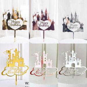 Cake Tools Castle Happy Birthday Topper Pink Gold Acrylic Kids Gift Toppers Dessert Decoration For Baby Shower Party Supplies