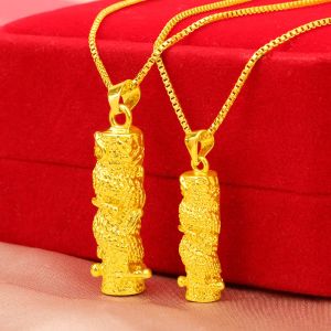 Necklace Real 100% Pure 24K Gold Color Dragon Cylinder Necklace for Women Men Fine Jewelry Gifts Necklaces Chains Wedding Engagemen