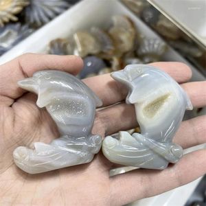 Dekorativa figurer Natural Agate Geode Druzy Dolphin Ornament Healing Crystal Reiki Animal Figurine Hand snidad ädelsten Hemdekoration