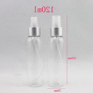 Großhandel 120 ml transparente runde kosmetische Kunststoff-Sprühflasche 120 cc Aluminium-Sprühdüse feiner Nebel Pumpenflaschen Behälter Ifsbm