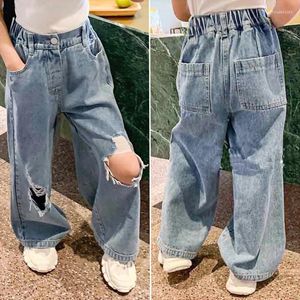 Calças meninas calças jeans roupas crianças em linha reta rasgado buraco solto cintura elástica criança adolescente denim perna larga