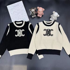 Women's o-neck color block gem rhinestone logo embroidery knitted long sleeve sweater jumpers SML