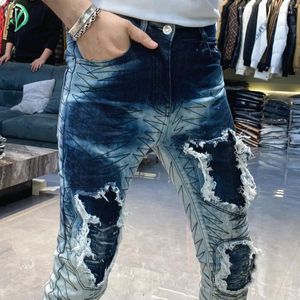 Men's Jeans Spring High Street Embroidery Men Broken Hole Patch Slim Fit Elastic Trousers Hip Hop Streetwear Denim Pants