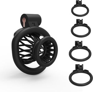 Negativ kyskhetsbur sexleksak hane set med 4 cockrings 3d små kyskhetsenheter låsta kukbur nylon fiskfälla form vuxen penis bdsm bondage enhet för män