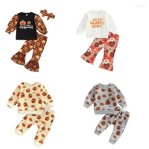 Kläduppsättningar Småbarn Baby Girls Halloween Thanksgiving Christmas Outfits Långärmning Tryckt toppar Bell Bottom FLAGE PANTS SET