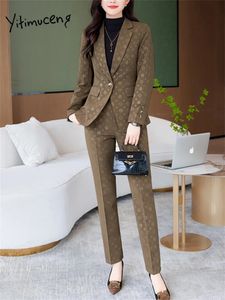 Yitimuceng Print Women Suits Office 세트 패션 슬림 긴 슬리브 싱글 버튼 블레이저 캐주얼 하이 허리 바지 정장 240127